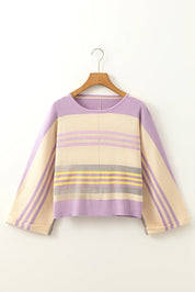 Contrast Striped Round Neck Three-Quarter Sleeve Top | Knit Tops Daverri Fashions
