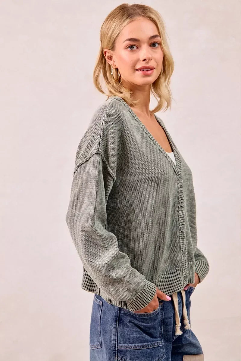 BiBi Washed Sweater V Neck Cardigan - DAVERRI FASHIONS