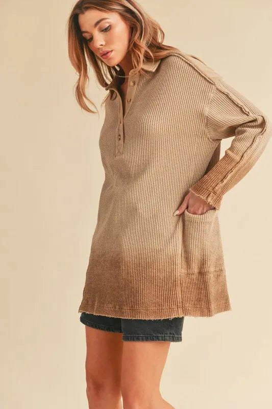 Aemi+Co Waffle-Knit Frayed Hem Button Detail Top