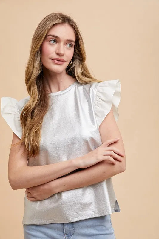 Annie Wear Mix Media Metallic Knit Ruffle Sleeve Top