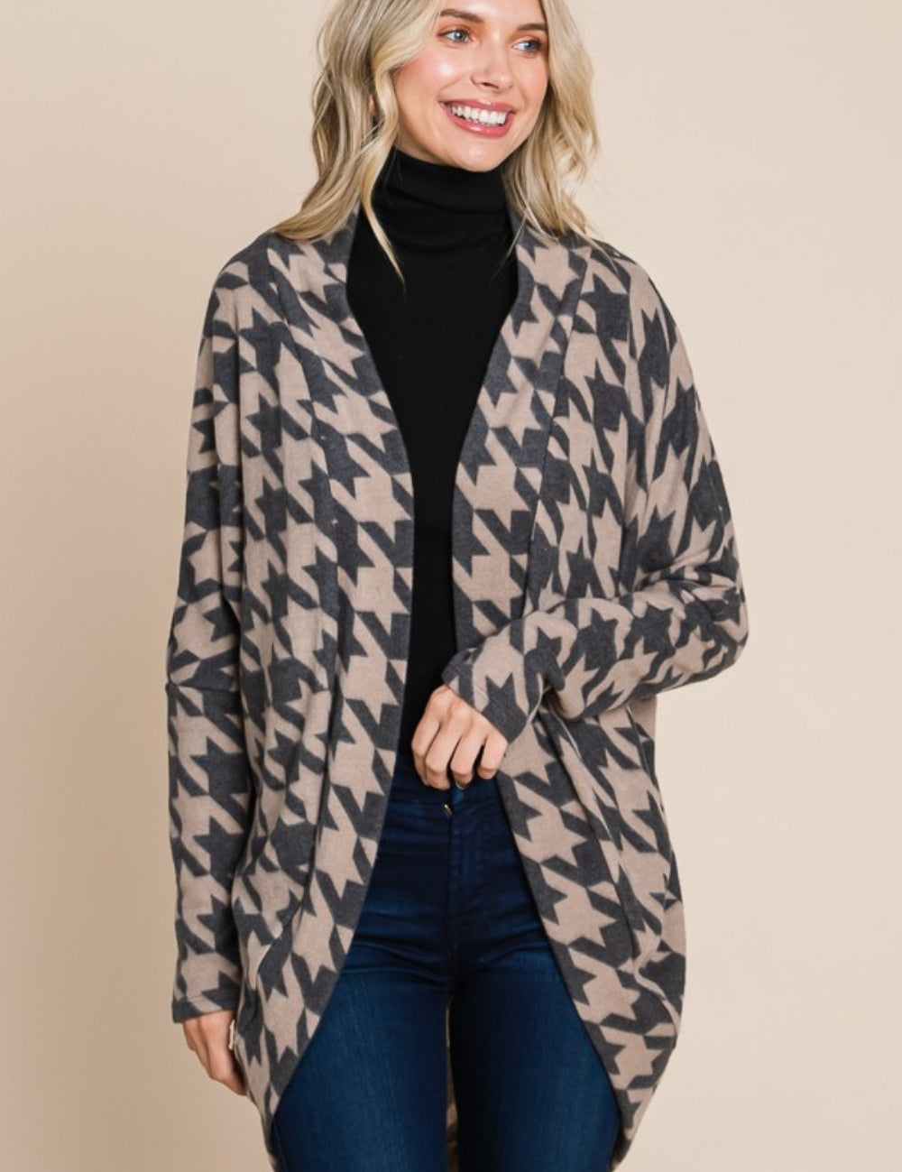 Houndstooth BOMBOM Houndstooth Open Front Cocoon Knit Cardigan | Cardigans Daverri Fashions