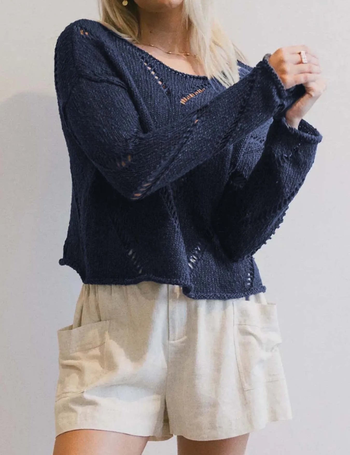 Openwork Boat Neck Long Sleeve Sweater | Sweaters Daverri Fashions