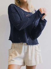 Openwork Boat Neck Long Sleeve Sweater | Sweaters Daverri Fashions