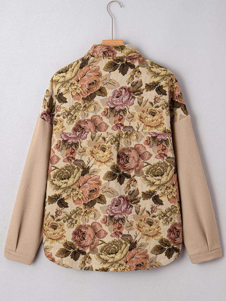 Floral Waffle Knit Patchwork Chest Pockets Buttoned Jacket | Jackets Daverri Fashions