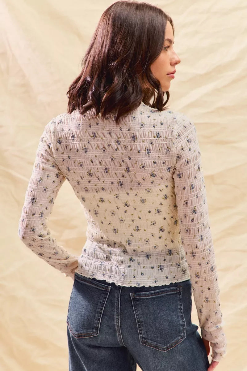 SO ME floral print textured long sleeve knit top in cream with smocking