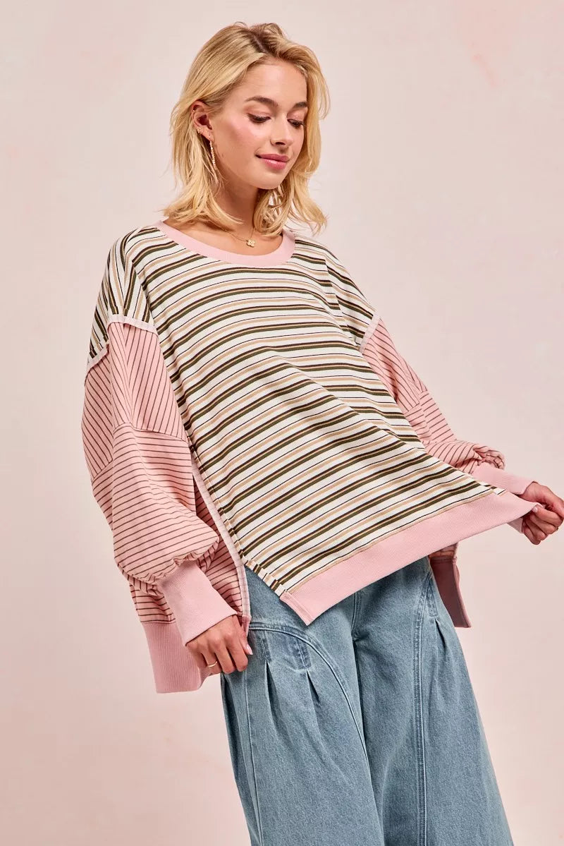 BiBi Stripe Mixed Top With Cut Edge And Reverse Outseam | Sweatshirts Daverri Fashions