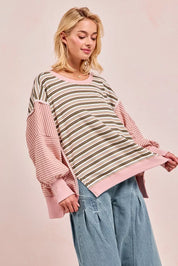 BiBi Stripe Mixed Top With Cut Edge And Reverse Outseam | Sweatshirts Daverri Fashions