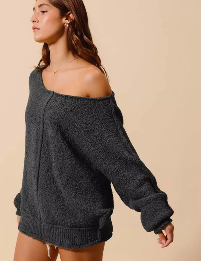 SO ME Loose Fit Exposed Seam Slouchy Boucle Sweater Charcoal | Sweaters Daverri Fashions