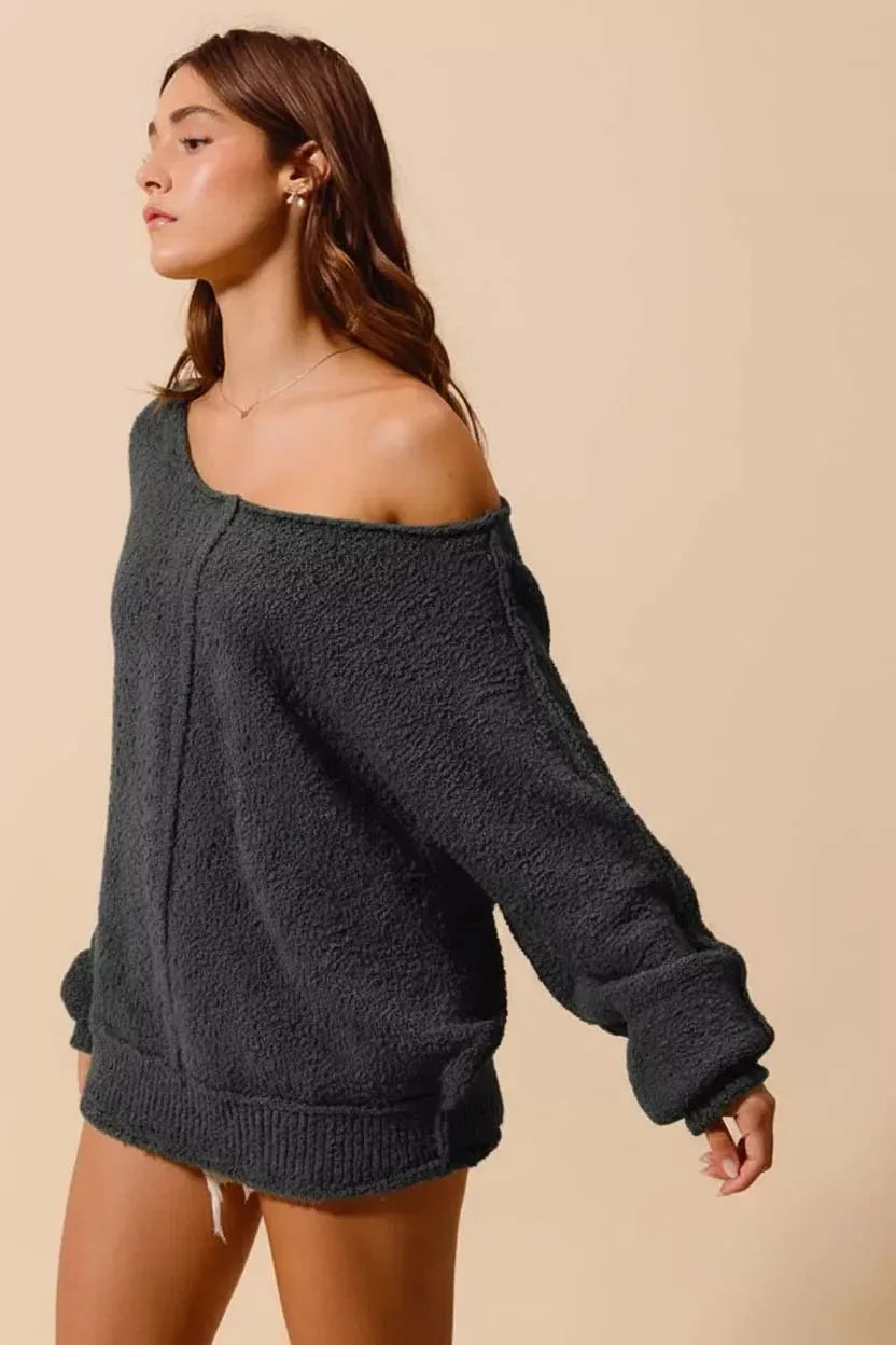 SO ME Loose Fit Exposed Seam Slouchy Boucle Sweater Charcoal - DAVERRI FASHIONS