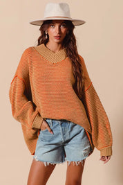 SO ME Oversized Two Tone Textured V Neck Sweater | Sweaters Daverri Fashions