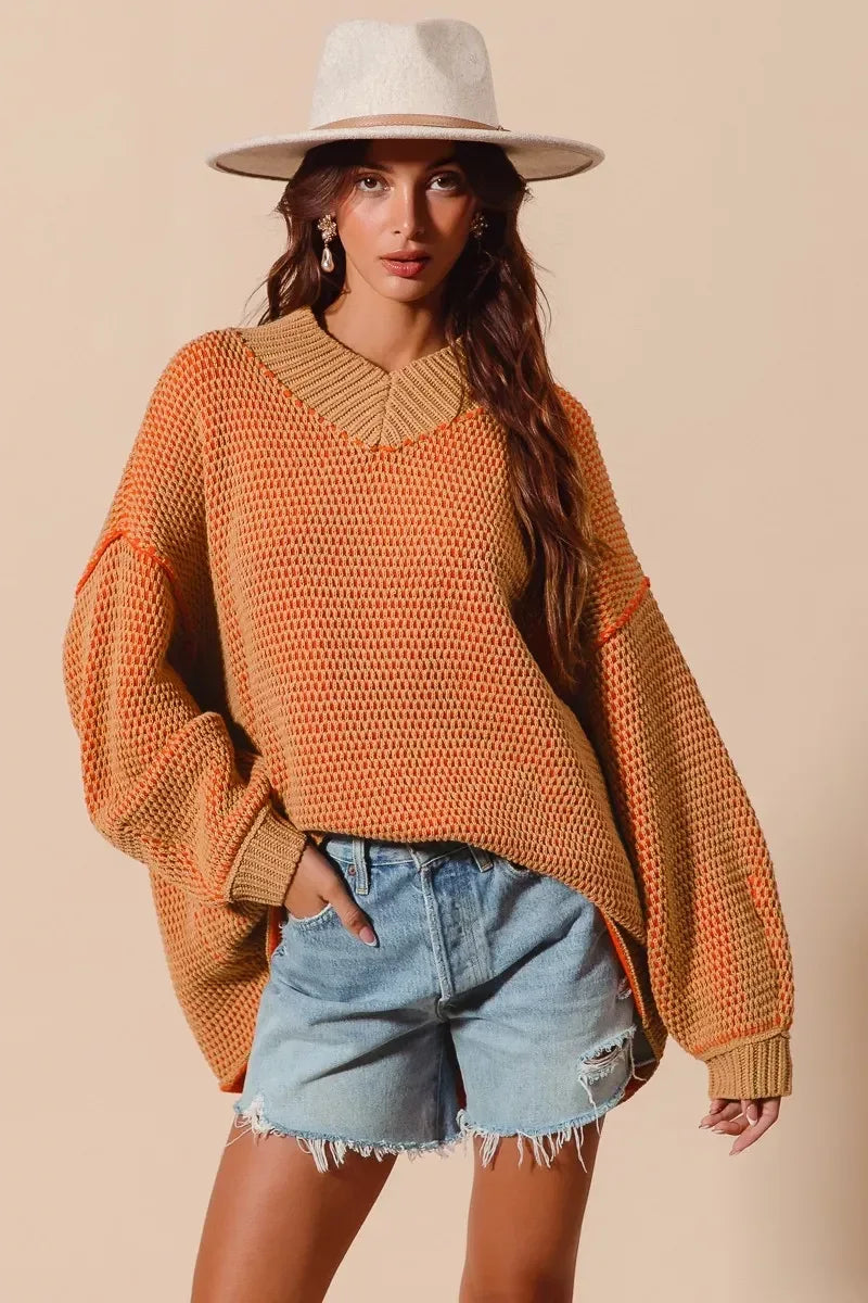 SO ME Oversized Two Tone Textured V Neck Sweater - DAVERRI FASHIONS