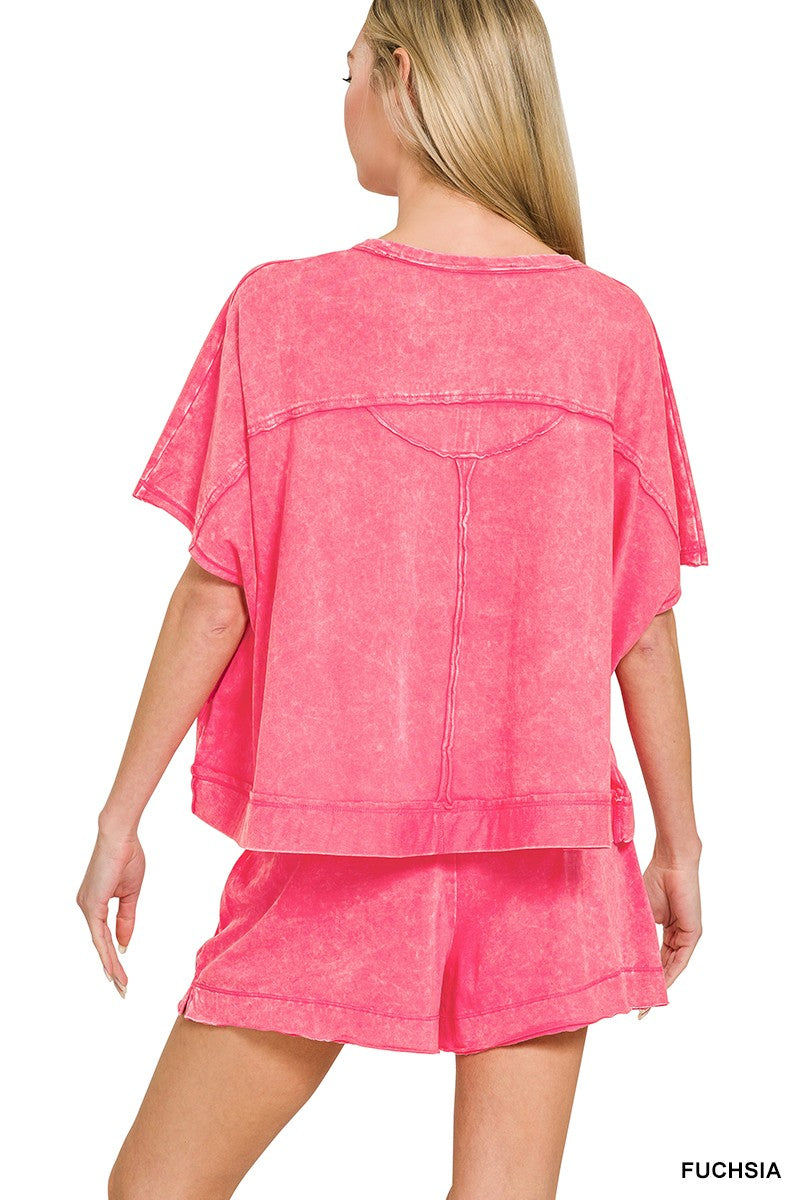 Zenana fuchsia acid washed oversized top and shorts set back view