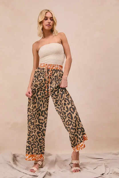 BiBi Leopard Print With Contrast Banded Wide Pants - DAVERRI FASHIONS