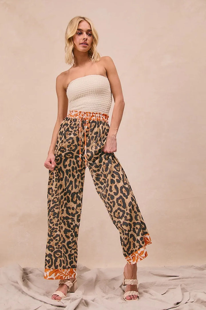 BiBi Leopard Print With Contrast Banded Wide Pants Pants