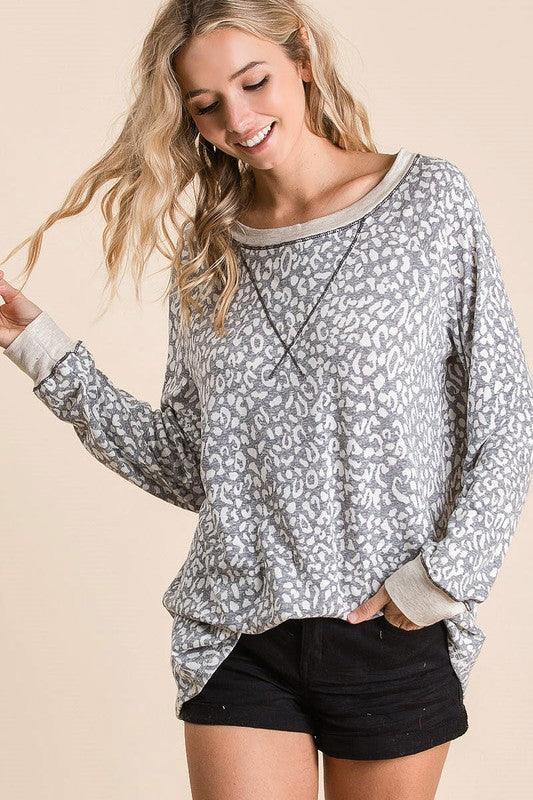 BiBi Leopard Round Neck Long Sleeve T-Shirt | Daverri Fashions