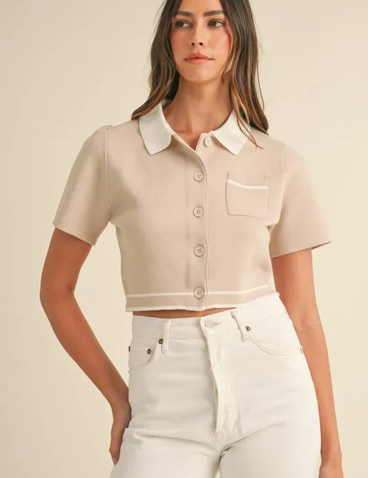Tan MABLE Button Down Contrast Collared Knit Cardigan | Daverri Fashions