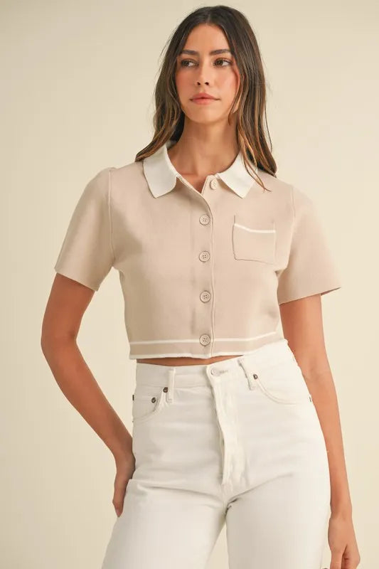 MABLE Button Down Contrast Collared Knit Cardigan Tan