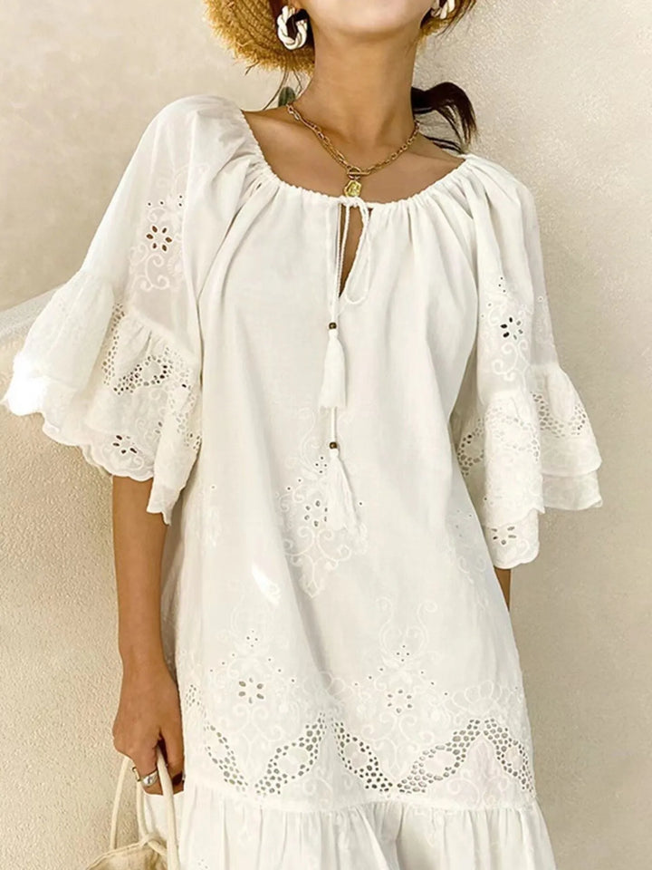 Eyelet Embroidered Tassel Tie Neck Dress | Mini Dresses Daverri Fashions