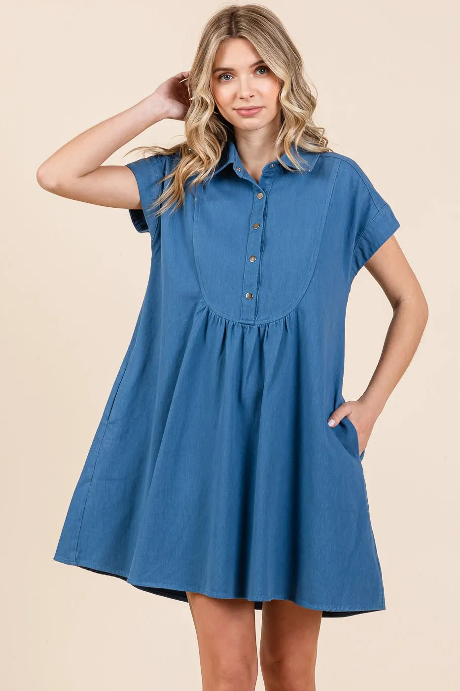 Mittoshop twill short sleeve collared mini dress in blue with flared skirt and pockets