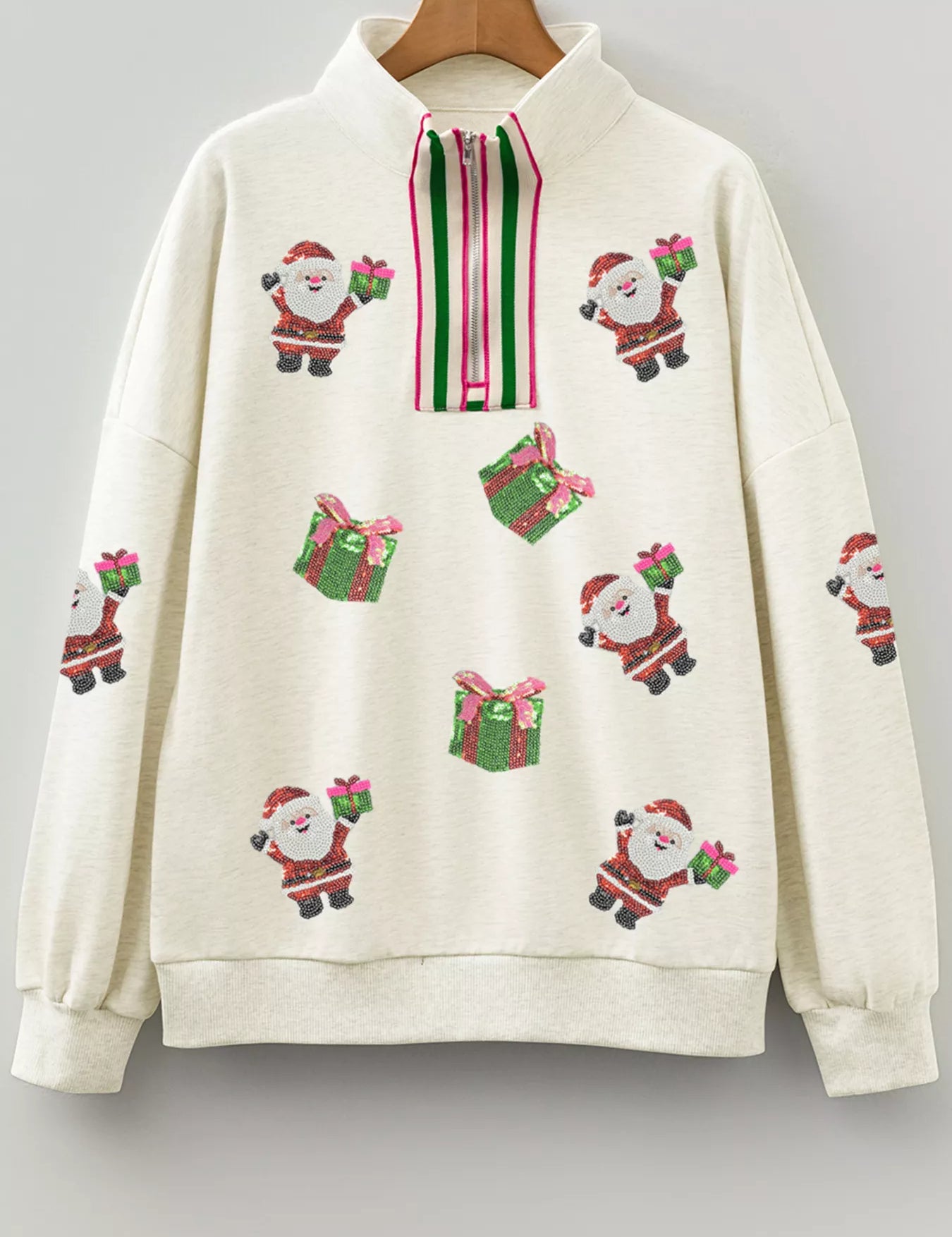 Christmas Striped Patchwork Zip Neck Sequin Santa Gift Sweatshirt | Sweatshirts Daverri Fashions