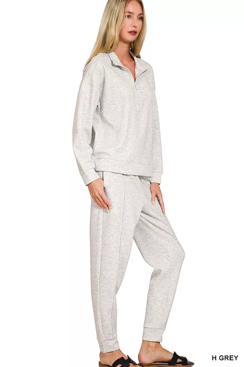 Zenana Scuba Half Zip Pullover and Jogger Set in H Grey