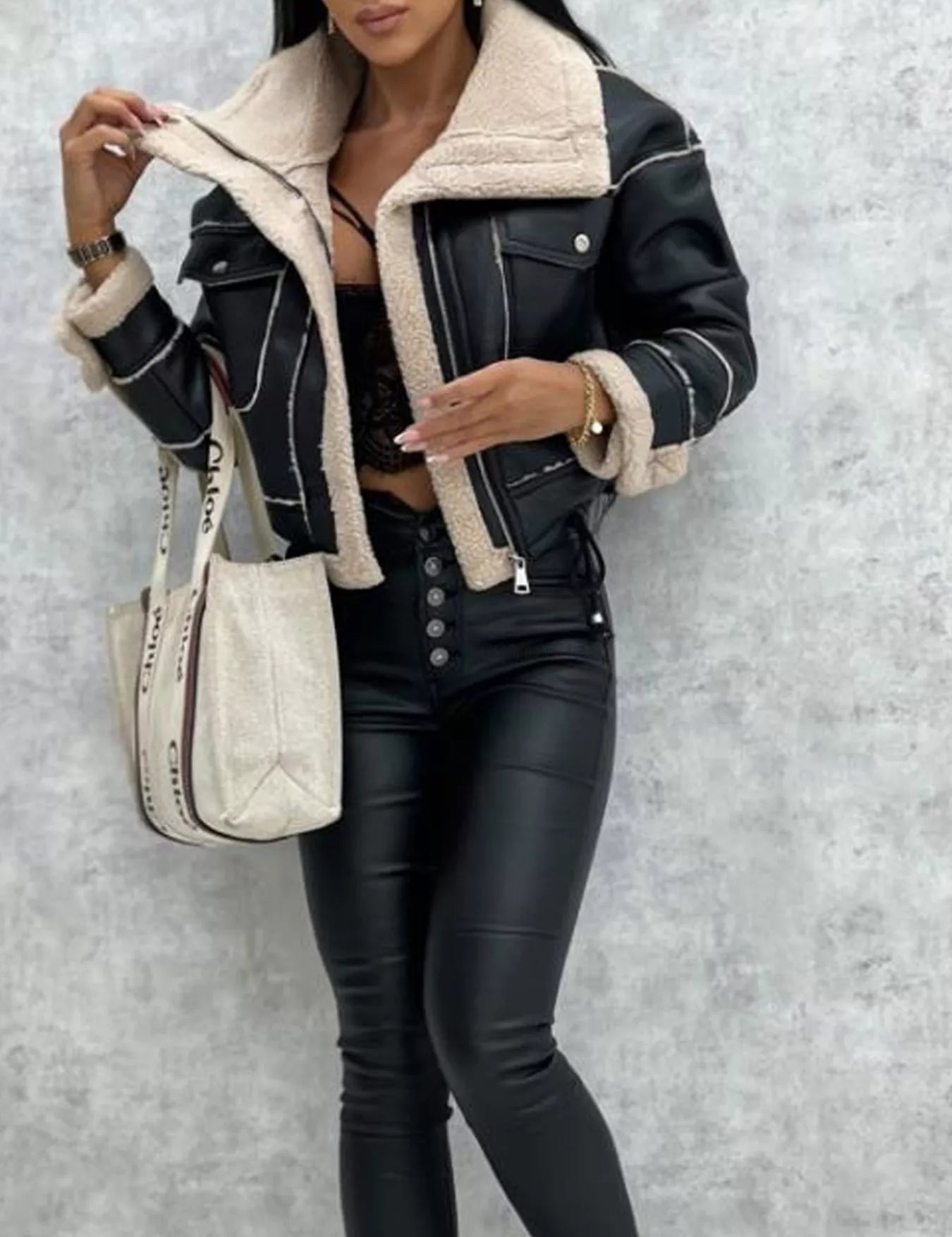 Black Sherpa Trim Cropped Jacket | Outerwear Daverri Fashions