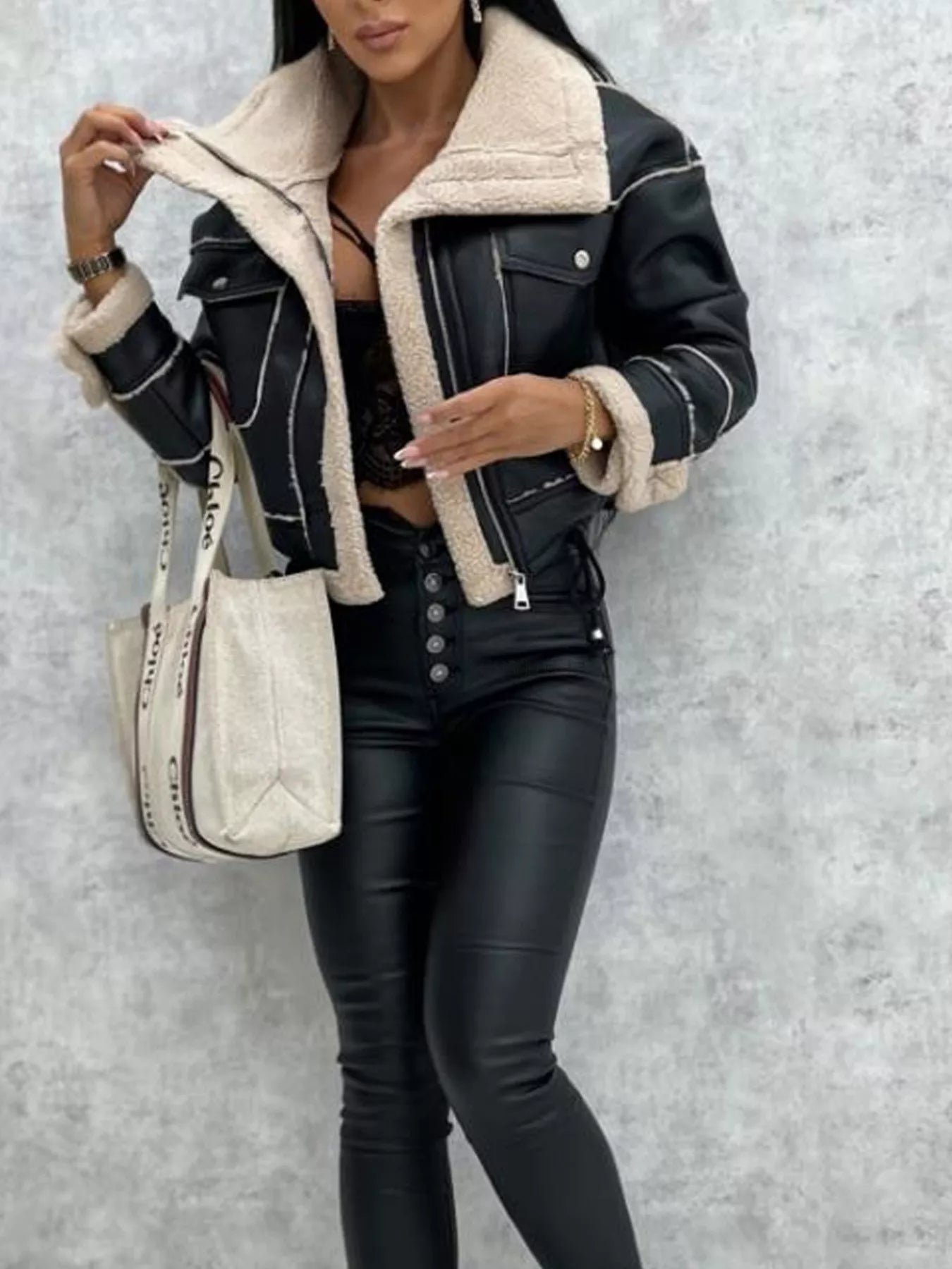 Black Sherpa Trim Cropped Jacket | Outerwear Daverri Fashions