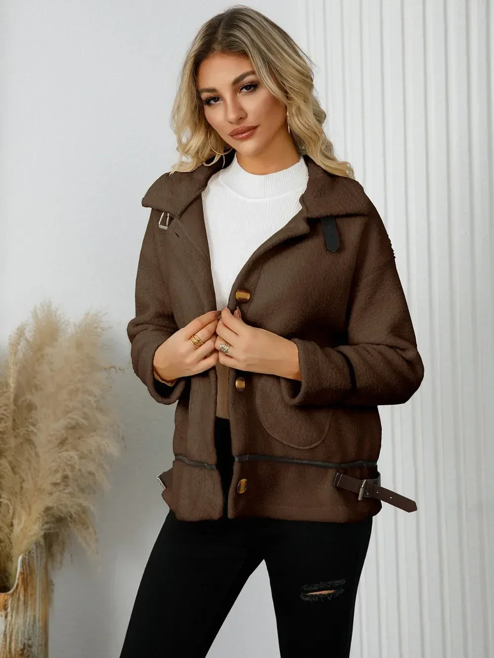 Pocketed Button Down Collared Neck Jacket - DAVERRI FASHIONS