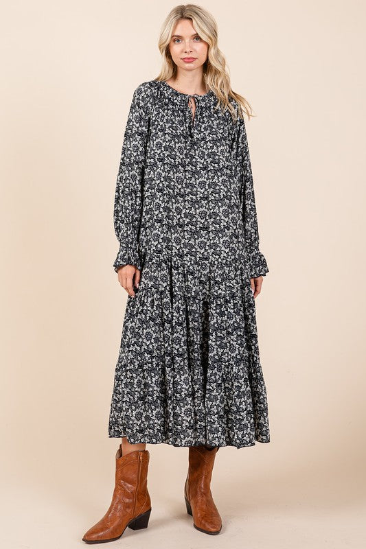 Mittoshop Printed Tie Neck Flounce Sleeve Midi Dress Mid Dresses