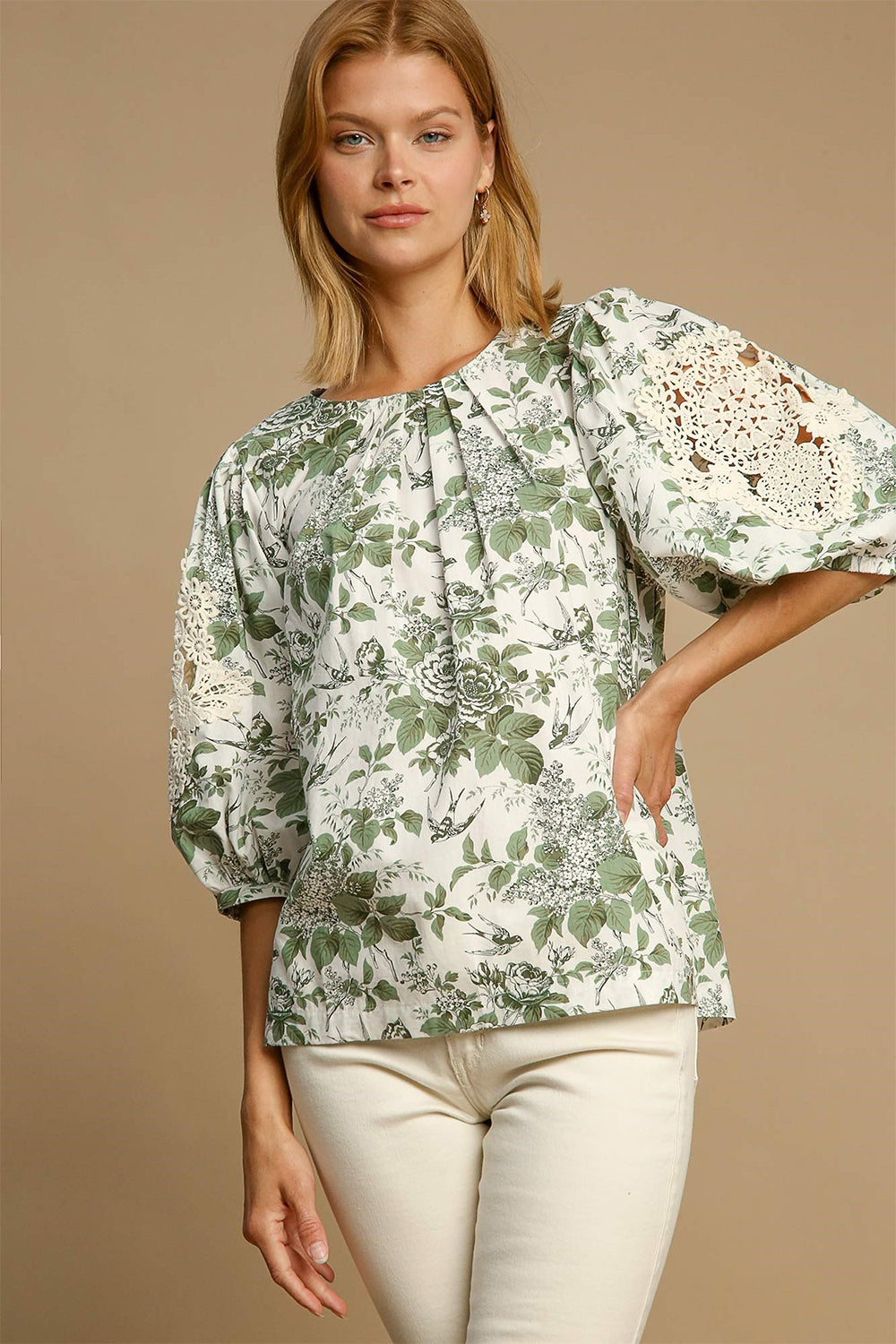 Floral Pleated Detail Lace Trim Sleeve Blouse Sage Tops