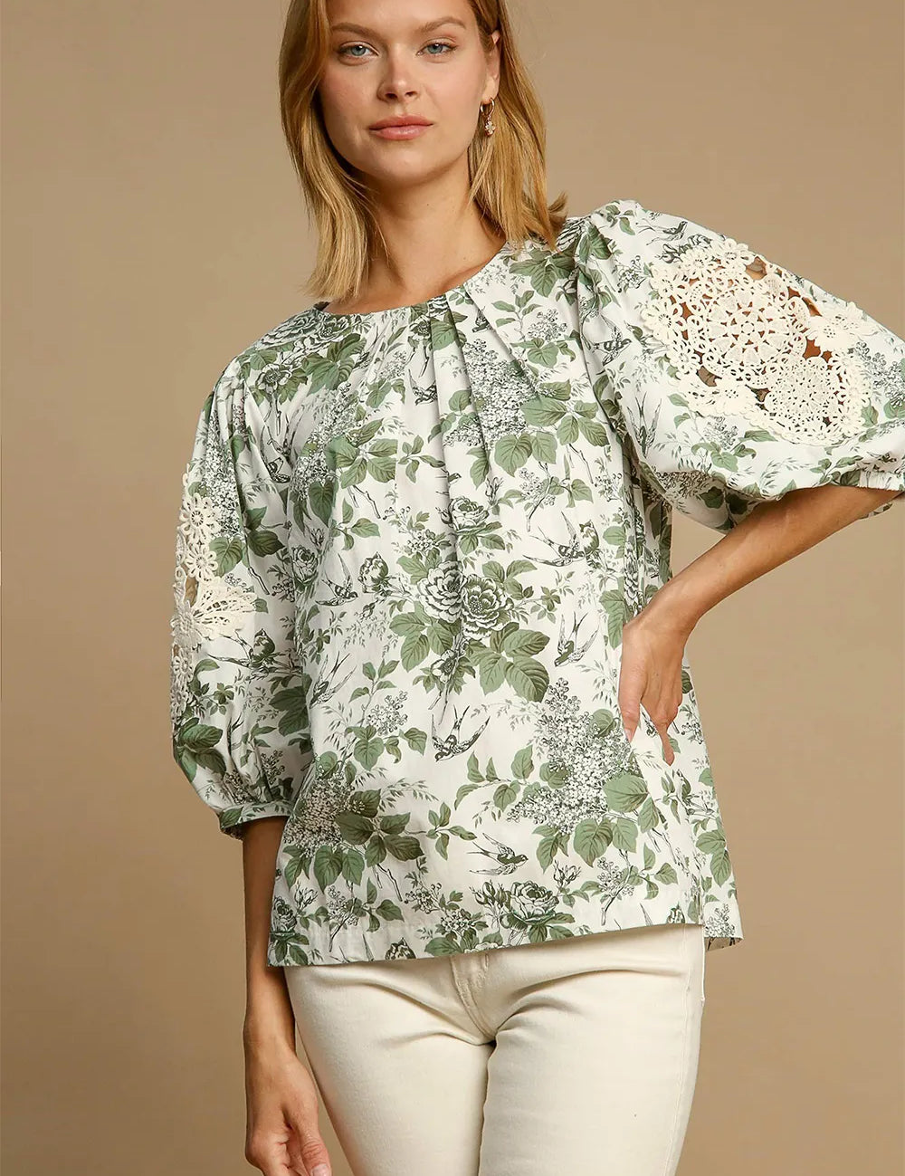 Sage Umgee Floral Pleated Detail Lace Trim Sleeve Blouse | Daverri Fashions