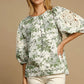 Umgee Floral Pleated Detail Lace Trim Sleeve Blouse Sage