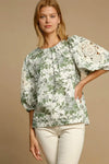 Umgee Floral Pleated Detail Lace Trim Sleeve Blouse - DAVERRI FASHIONS