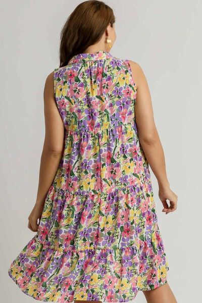 Umgee Full Size High-Low Hem Floral Sleeveless Tiered Dress Plus Size