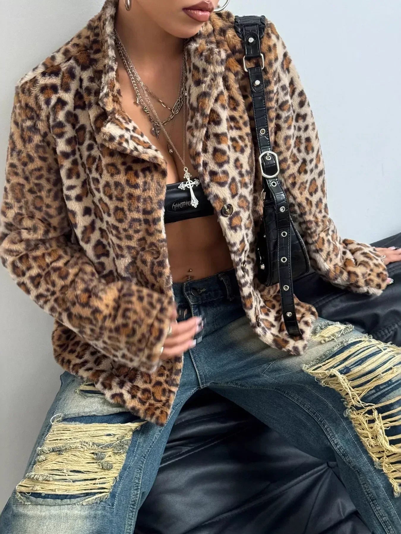 Leopard Button Up Faux Fur Jacket - DAVERRI FASHIONS