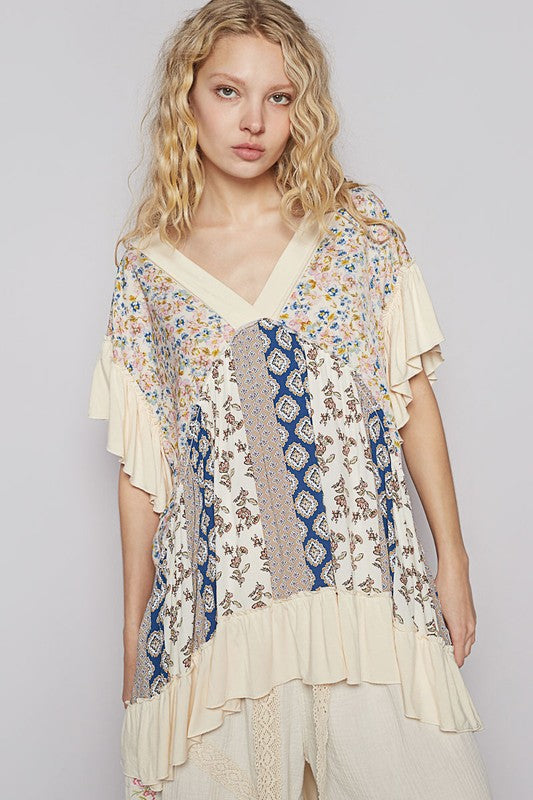 POL Ruffled Hem Printed V-Neck Short Sleeve Blouse Cream