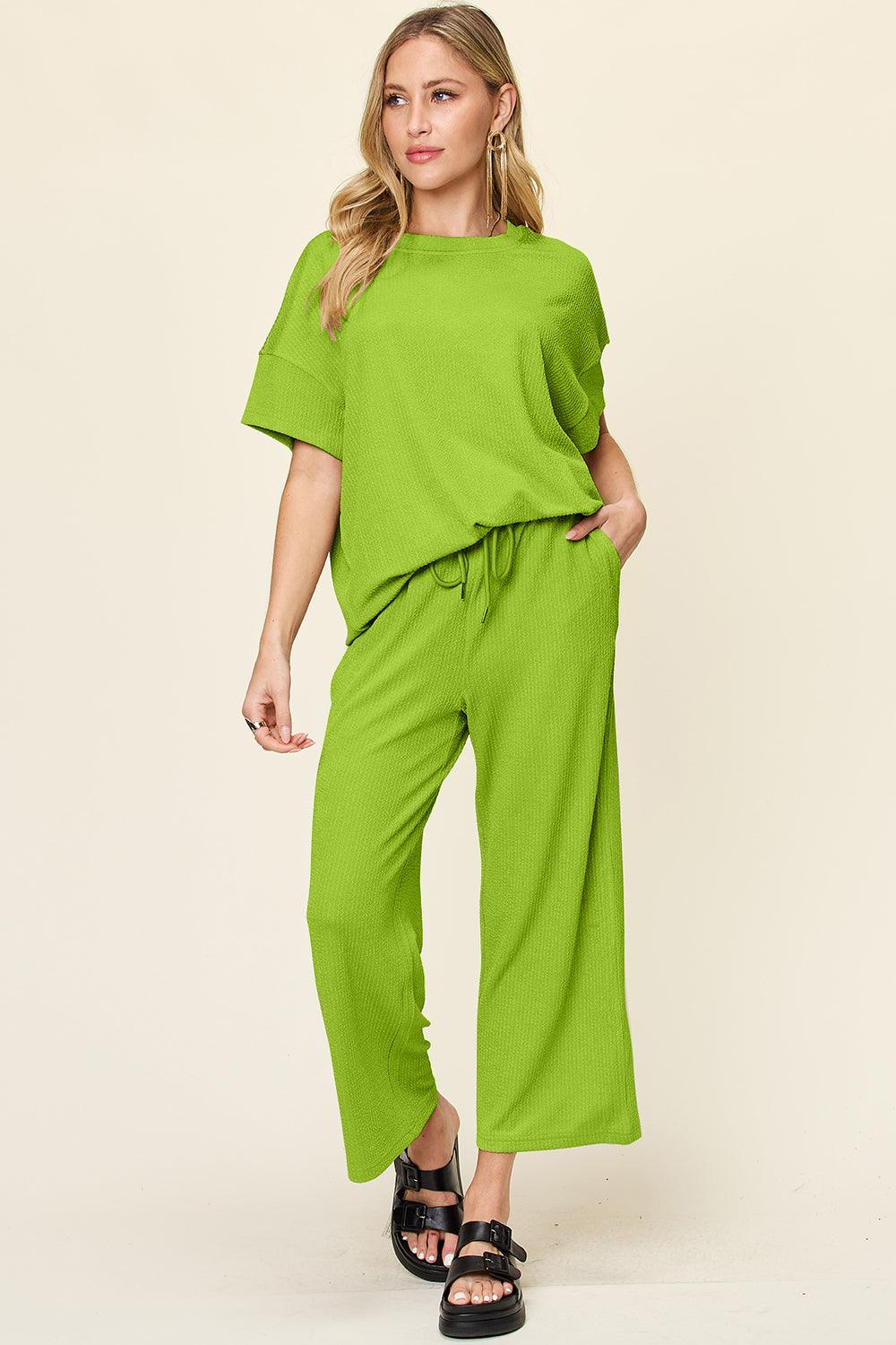 Double Take Full Size Texture Round Neck Short Sleeve T-Shirt and Wide Leg Pants Lime Pants Sets