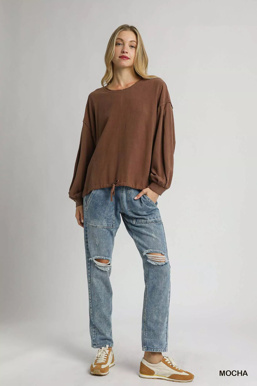 Umgee Linen Long Sleeve Top with Drawstring | Blouses Daverri Fashions