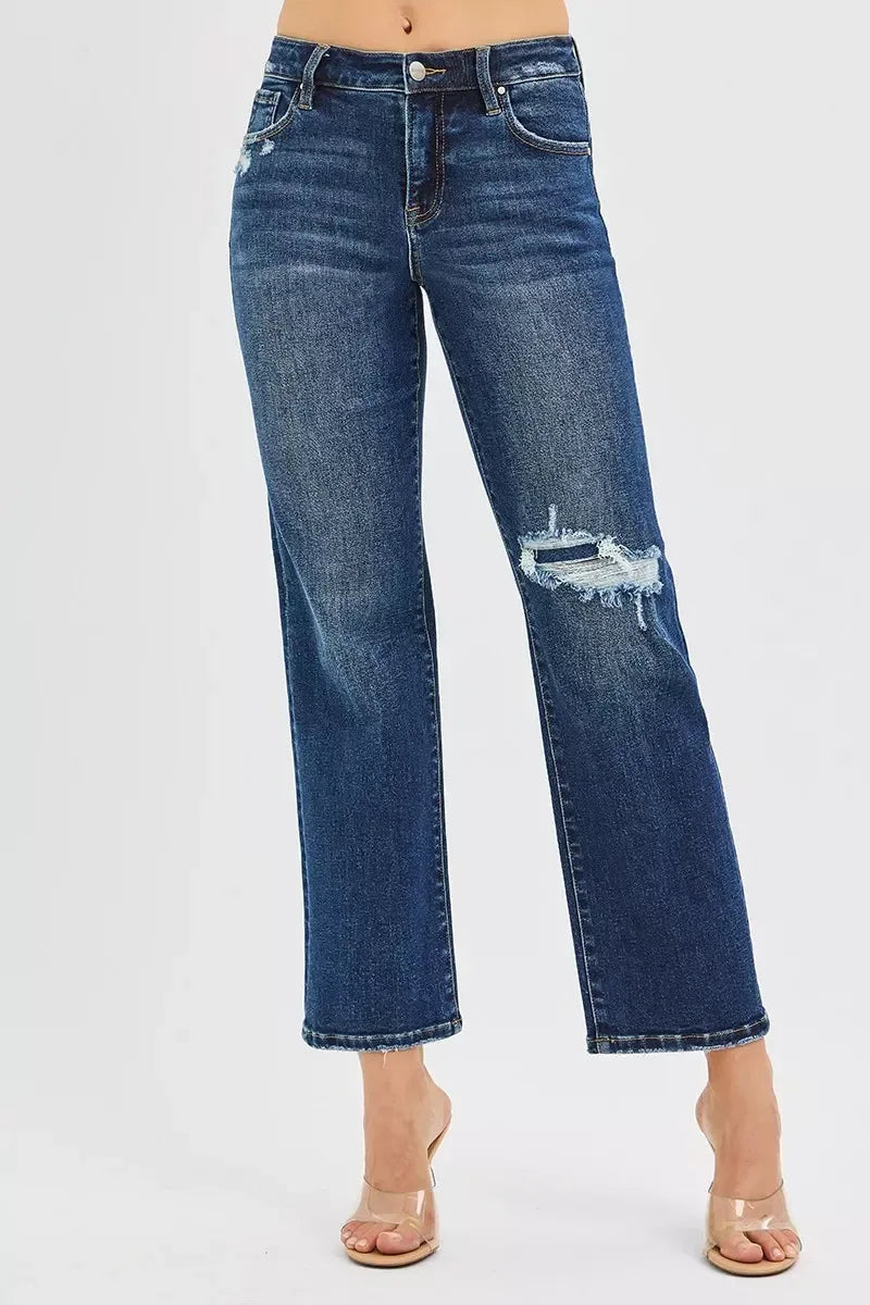 RISEN High Rise Crop Slim Straight Jeans with Hidden Knee Patch - DAVERRI FASHIONS