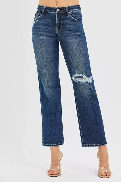 RISEN High Rise Crop Slim Straight Jeans with Hidden Knee Patch - DAVERRI FASHIONS