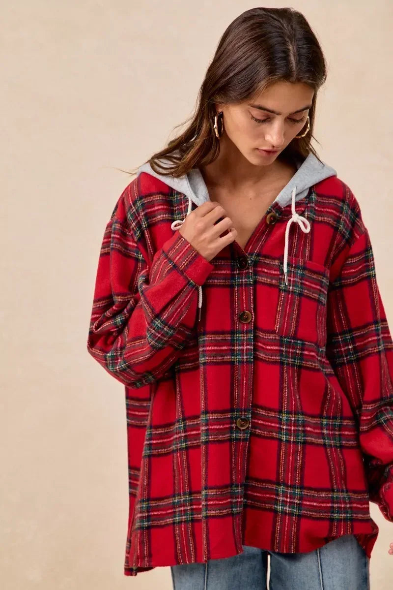 BiBi Brushed Plaid Hooded Jacket - DAVERRI FASHIONS