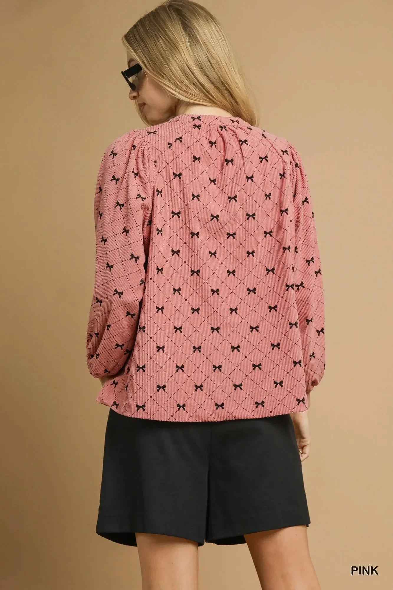 Umgee Corduroy Bow Print Balloon Sleeve Blouse - DAVERRI FASHIONS