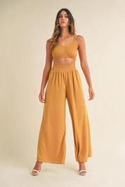 MABLE Smocked Bralette Crop Top and Wide Leg Pants Set Gold | Outfit Sets Daverri Fashions