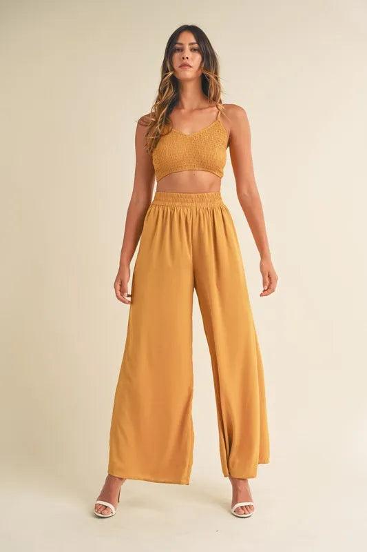 MABLE Smocked Bralette Crop Top and Wide Leg Pants Set Outfit Sets