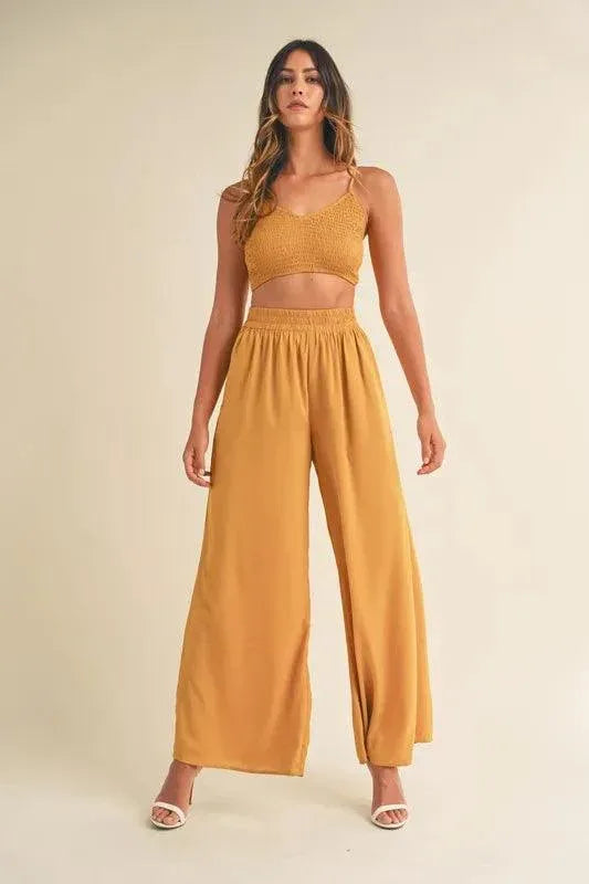 MABLE Smocked Bralette Crop Top and Wide Leg Pants Set Gold - DAVERRI FASHIONS