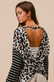 BiBi Leopard Hacci Knit Twist Back Top With Stripe Sleeve | Tops Daverri Fashions