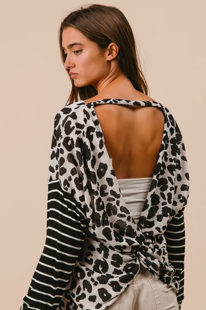 BiBi Leopard Hacci Knit Twist Back Top With Stripe Sleeve Tops