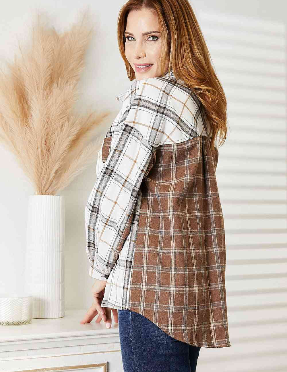 Double Take Plaid Contrast Button Up Shirt Jacket Shackets