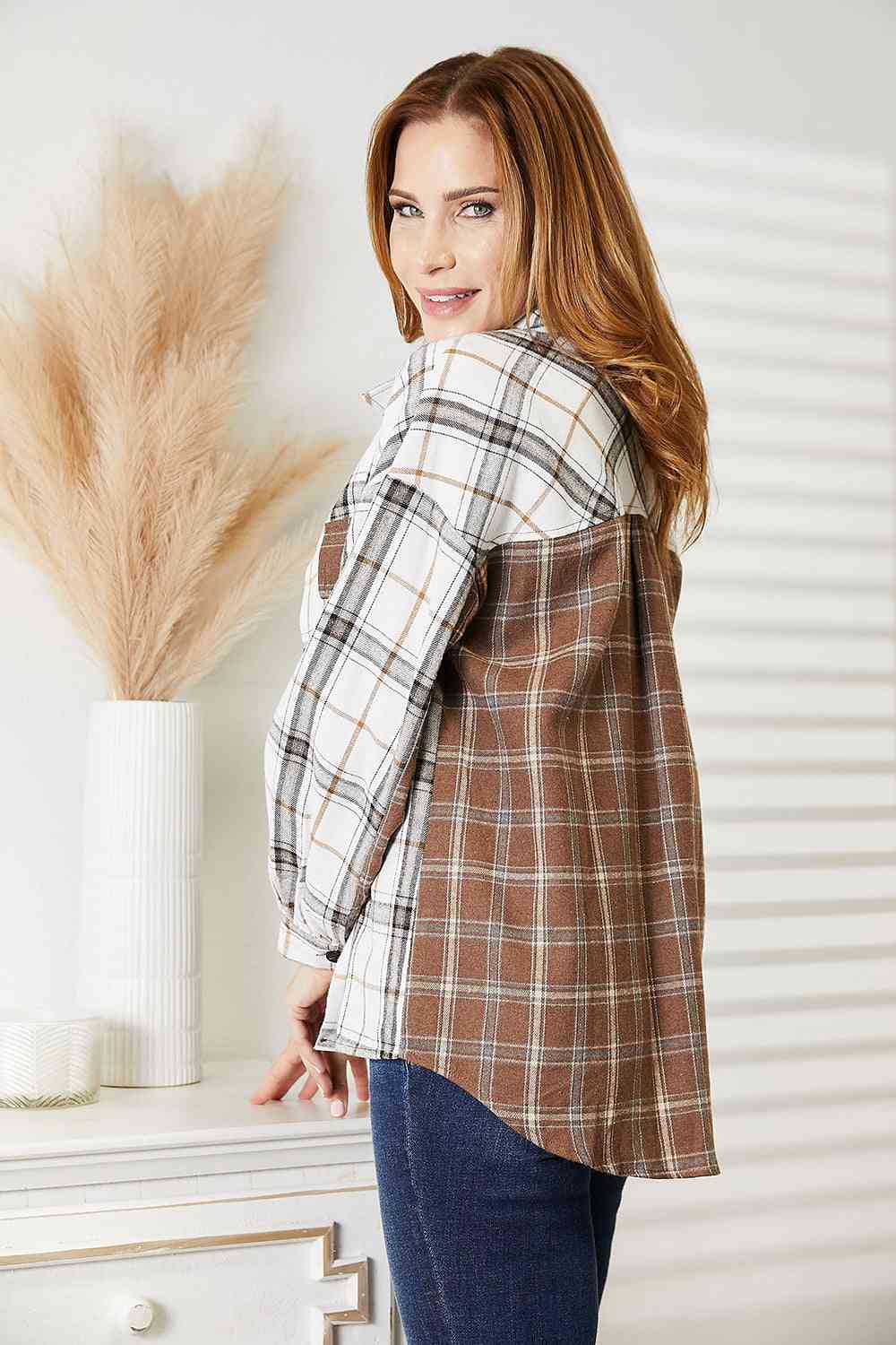 Double Take Plaid Contrast Button Up Shirt Jacket Shackets