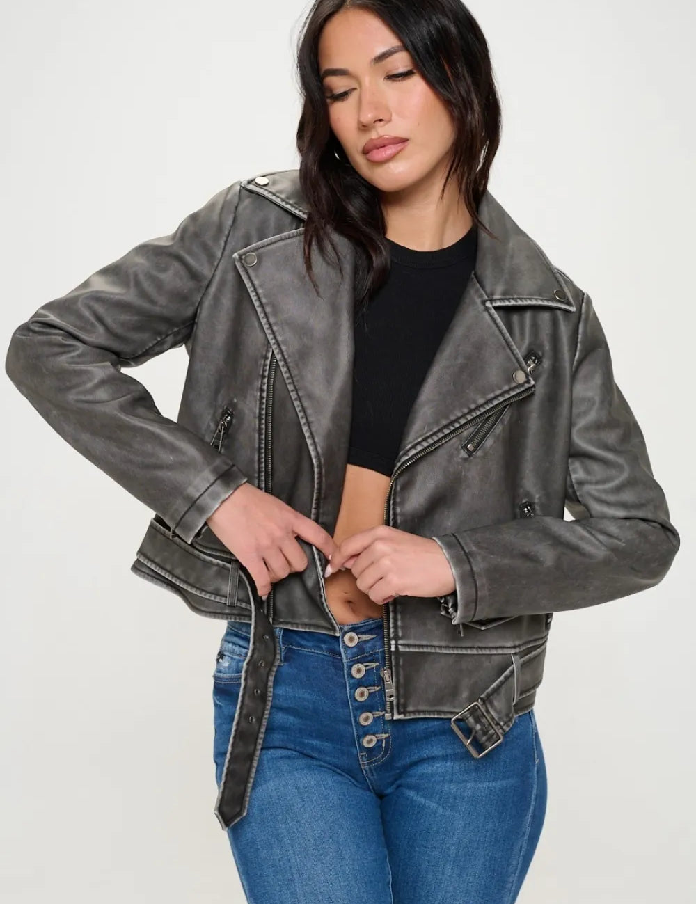 Coalition LA Zip Up Vegan Leather Biker Jacket with Belt | Jackets Daverri Fashions